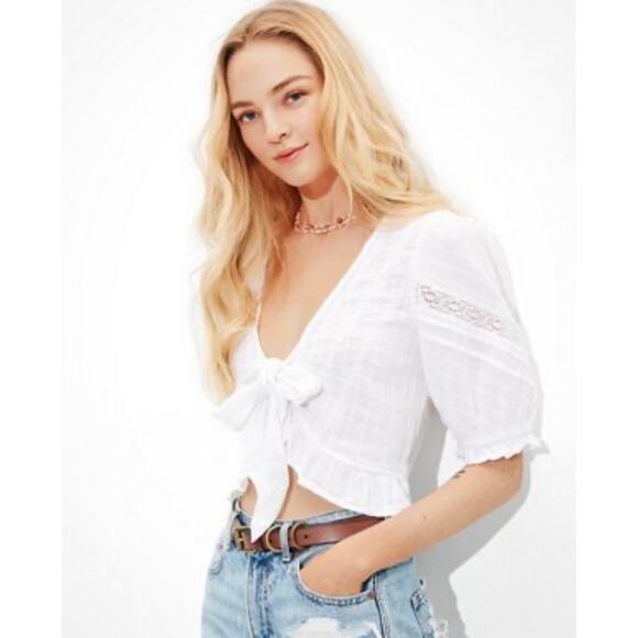 American Eagle AE Puff-Sleeve Tie-Front Blouse white XS - Picture 1 of 7